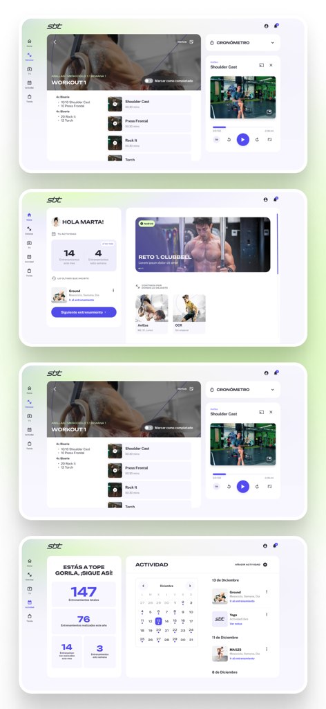 Interface views of the Silverback Training fitness app featuring workout videos user progress stats and training schedules