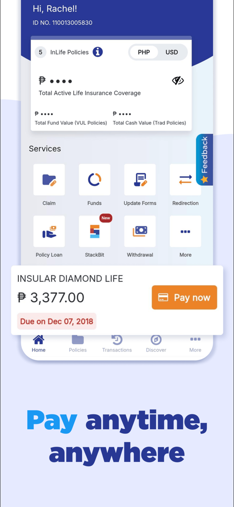 InLife App - InLife app dashboard showing insurance policy details and a pay now button for premium payments