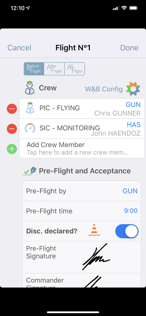 Blue Eye - Blue Eye app interface showing crew management and pre-flight acceptance with digital signatures for pilots