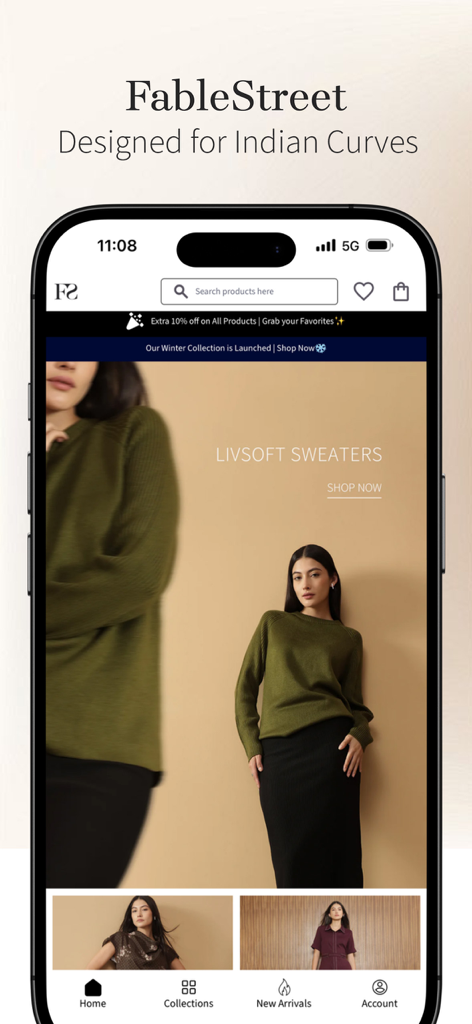 FableStreet-Women Western Wear - FableStreet mobile App-Oberfläche mit professioneller Damen-Western Wear, entworfen für indische Kurven und die LivSoft-Pulloverkollektion.
