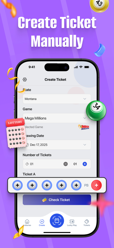 Lottery Ticket Scanner ⁃ Lotto - Manual lottery ticket entry screen for Mega Millions