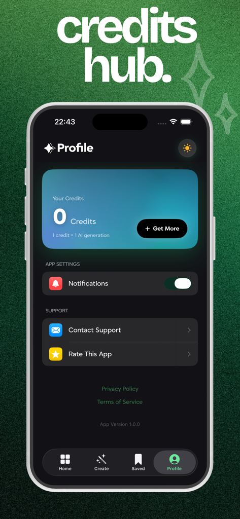 Prompt Market: AI Studio - Profile and credits hub screen in the Prompt Market AI Studio mobile app showing user credit balance and settings