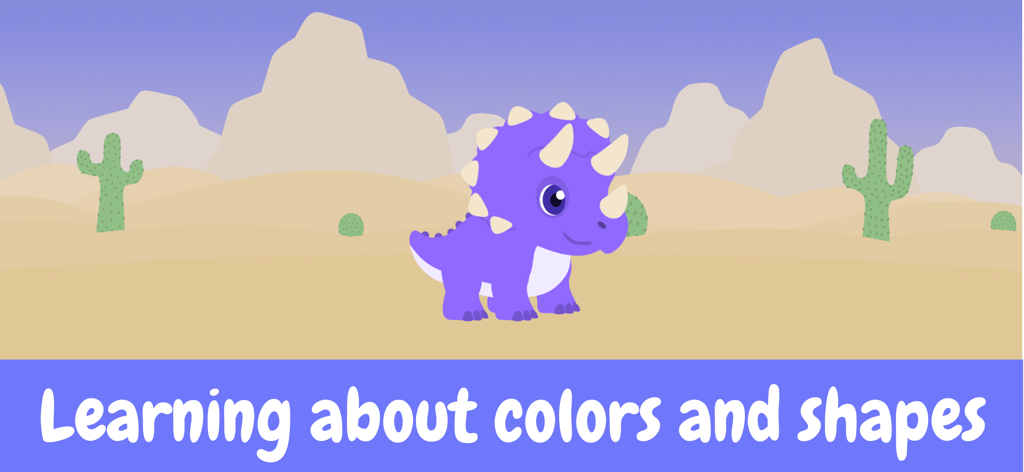 Dino Friends - Toddler Games - Un lindo dinosaurio morado en un paisaje desértico con el texto Aprendiendo sobre colores y formas
