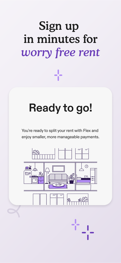 A screen from the Flex app showing the signup process for worry free rent and split payments.