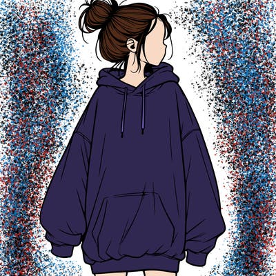 realistic girl with a oversized sweatshirt on and a bun