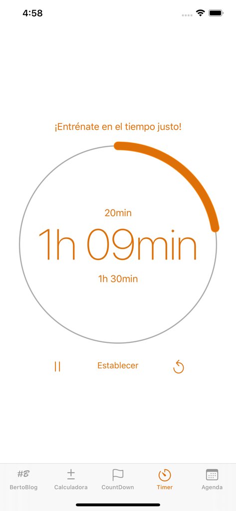 #BertoBlog - A study timer interface within the BertoBlog app showing a circular progress bar and 1 hour 9 minutes remaining for exam preparation.
