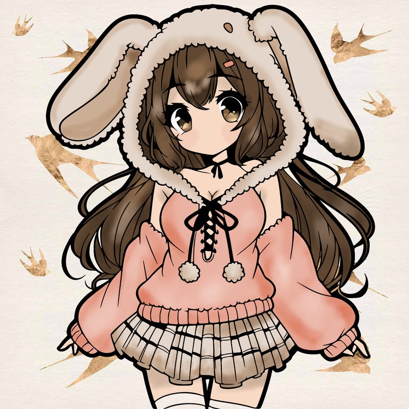 pretty anime girl wearing a fluffy hoodie with bunny ears on the hood and a skirt