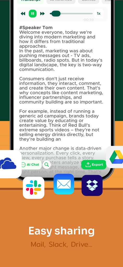 Mobile app screen showing a text transcript with export options to Slack Mail and Google Drive