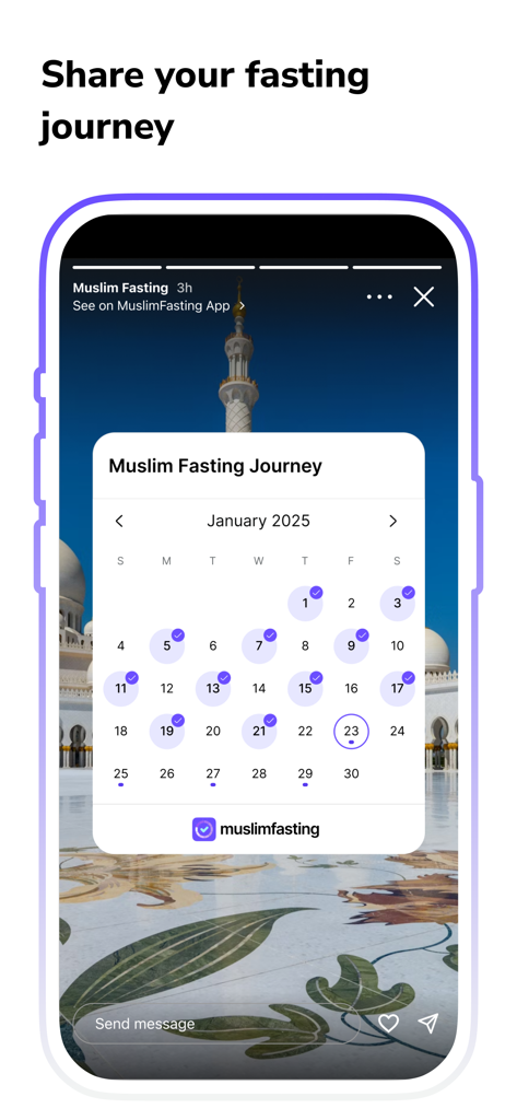 Muslim Fasting Calendar Alarm - Mobile screen showing the Muslim Fasting Journey social media sharing feature with a January 2025 calendar