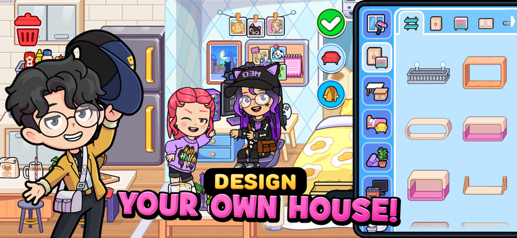 Interface of the Towniz app showing house design features with characters in a custom room and furniture selection menu.