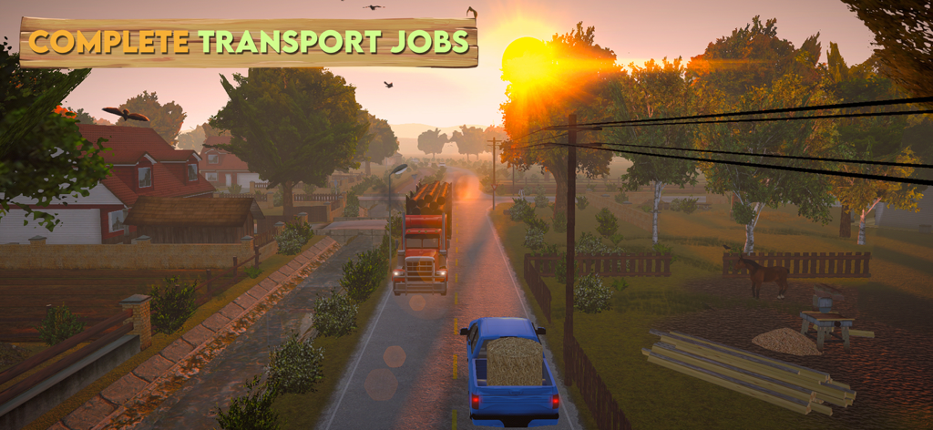 Farm Sim 2024 - A red truck and a blue pickup truck driving on a rural road at sunset in a farming simulator