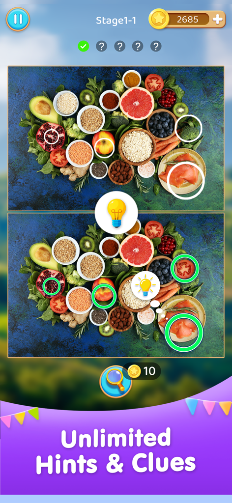 Pantalla de juego de Encuentra la Diferencia ¡Obsérvalo! mostrando un puzle de comida con diferencias circuladas y un banner promocionando pistas y claves ilimitadas