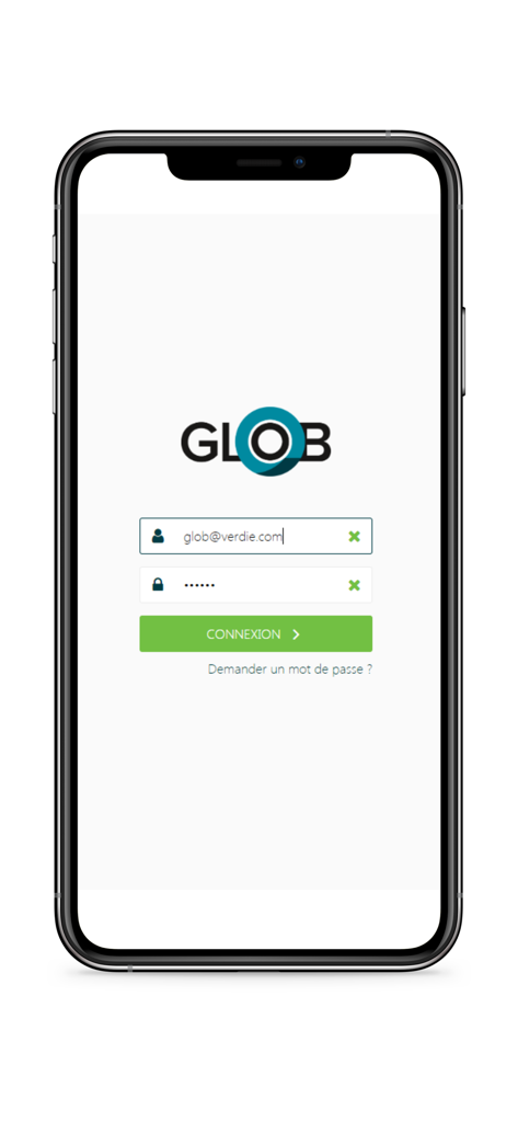 GLOB - Login screen of the GLOB mobile app with email and password fields