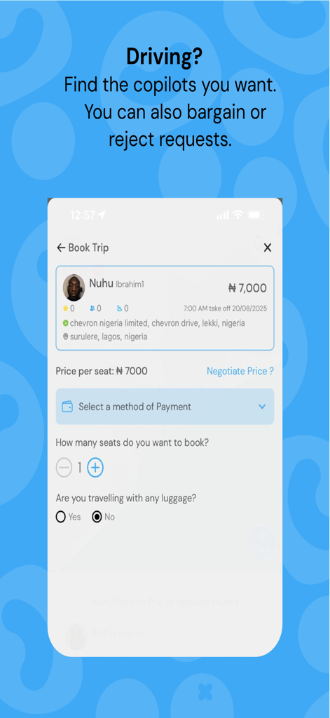 MyCoPilot - Ride sharing - Mobile app screen showing the process of booking a long distance ride with seat selection and price negotiation options