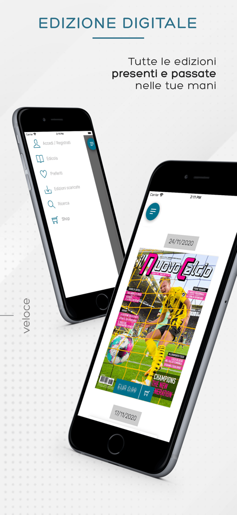 Nuovo Calcio - App Nuovo Calcio che mostra le edizioni digitali della rivista di calcio e il menu di navigazione su telefoni cellulari