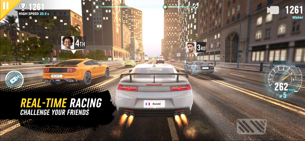Racing Go: Speed Thrills - A white sports car competing in a real-time multiplayer race on a city highway at sunset.