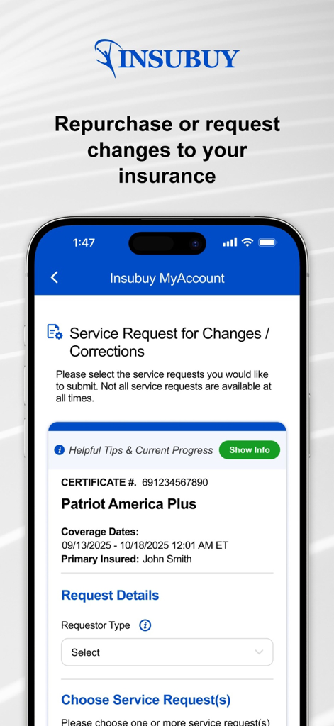 Insubuy MyAccount app screen showing a service request form to make changes or corrections to a travel insurance policy.