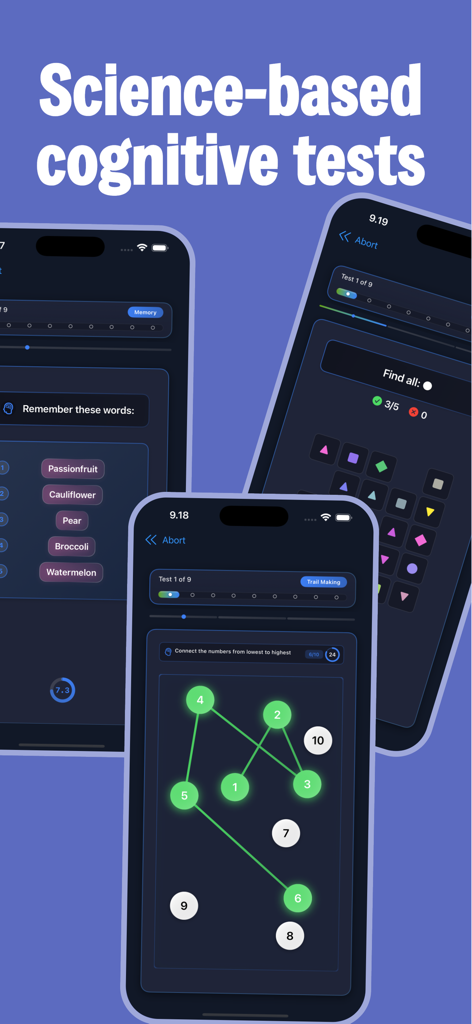 Tres pantallas de smartphone que muestran pruebas cerebrales cognitivas basadas en la ciencia para la memoria y la atención.