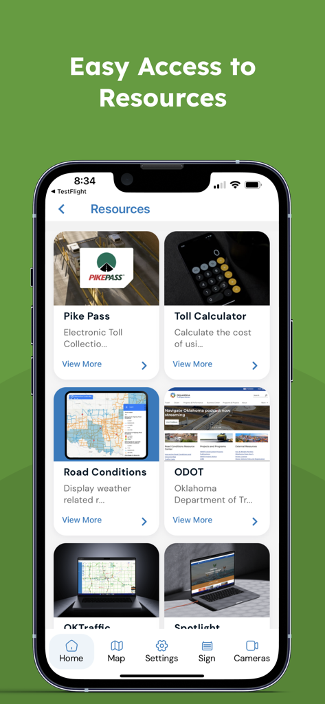 Drive Oklahoma - Página de Recursos de la aplicación Drive Oklahoma mostrando Pike Pass, calculadora de peajes y condiciones de la carretera