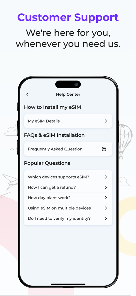 Esimatic eSIM: Mobile Data 5G - Esimaticアプリのヘルプセンターとカスタマーサポート画面。FAQとeSIMインストール支援を表示