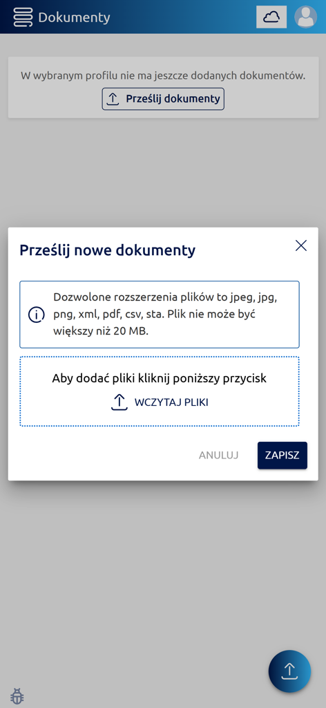 firmly - Uma interface móvel para carregar documentos comerciais com diretrizes de formato e tamanho de arquivo no aplicativo firmly.