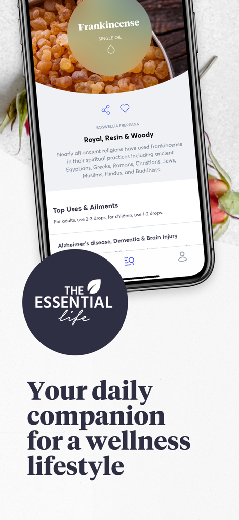 The Essential Life - Oil Guide - Smartphone displaying Frankincense essential oil properties and uses in The Essential Life app
