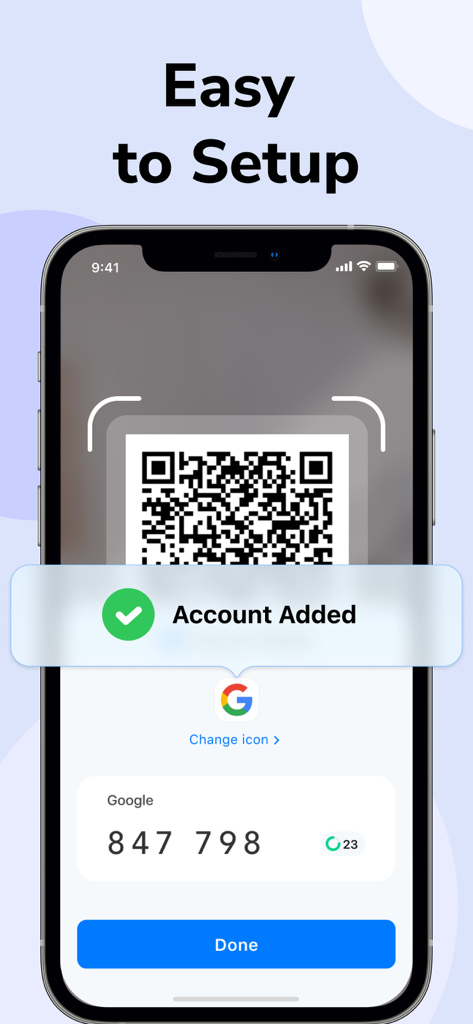 Authenticator © - Pantalla de iPhone que muestra el proceso de configuración sencillo de escanear un código QR para agregar una cuenta de Google en la aplicación Authenticator