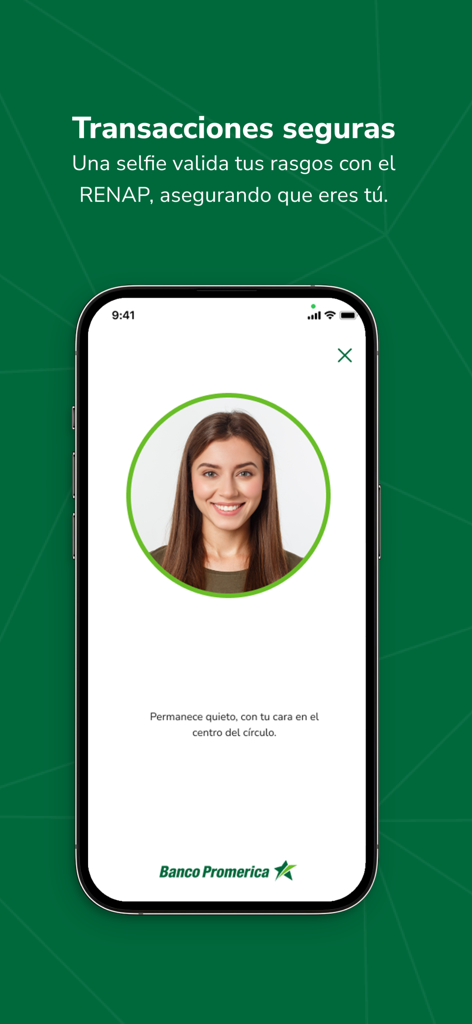 Banco Promerica Guatemala - Pantalla de reconocimiento facial para transacciones seguras en la aplicación móvil de Banco Promerica Guatemala