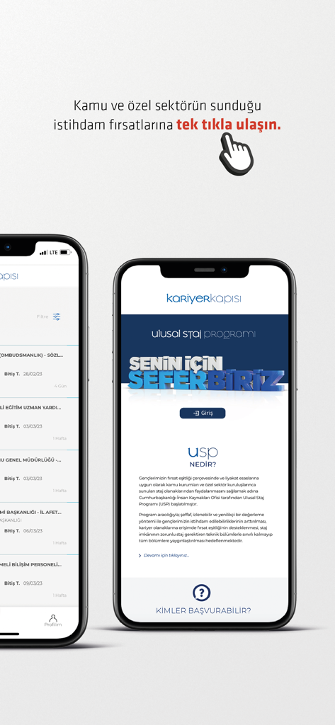 e-insan - Screenshots of the e-insan app showing internship and career opportunities for Turkish students and professionals.