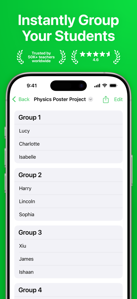 Interfaz de la aplicación Grupos que muestra equipos aleatorios de estudiantes para un proyecto de aula