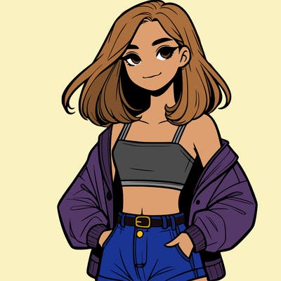 a realistic girl with a crop top and short shorts in an open jacket