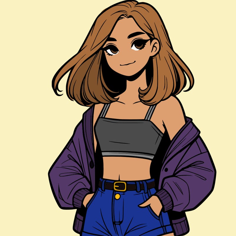 a realistic girl with a crop top and short shorts in an open jacket