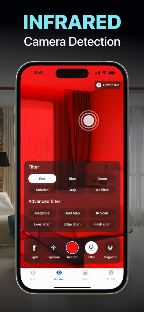 Hidden Camera Detector FindSpy - A smartphone interface showing the infrared camera detection feature of the FindSpy app with a red filter over a hotel room