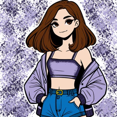 a realistic girl with a crop top and short shorts in an open jacket