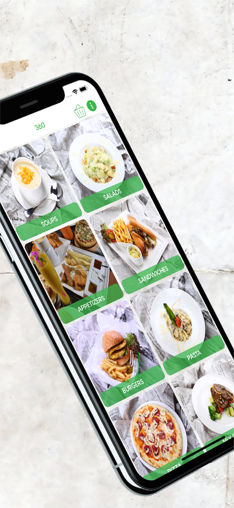Tela do aplicativo Ward Restaurants exibindo um menu visual com categorias como saladas, sopas, hambúrgueres e pizza.