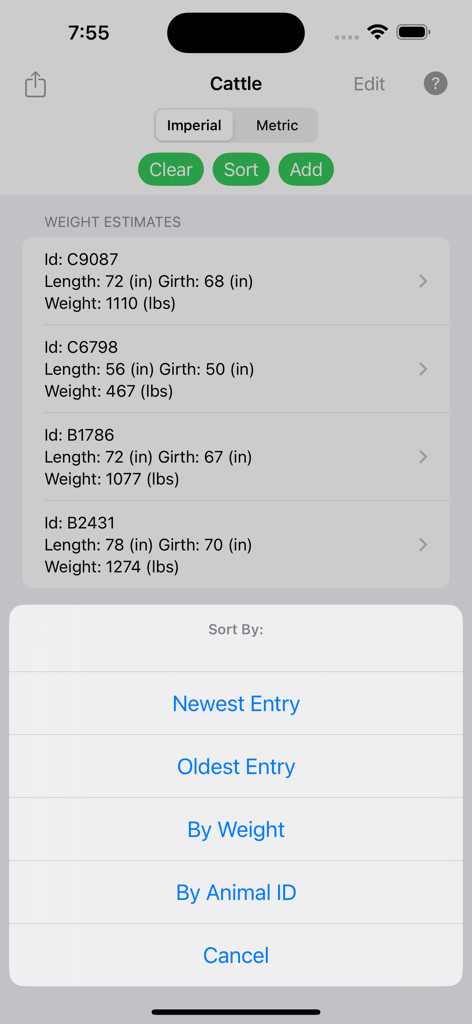 Cattle Weight Estimator - 하단에 정렬 메뉴가 있는 추정 가축 무게 목록을 보여주는 소 무게 추정기 앱 스크린샷.