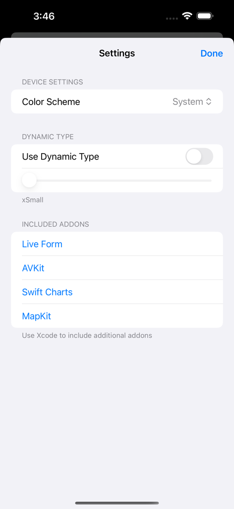 LVN Go - O menu de configurações do aplicativo LVN Go mostrando a configuração do dispositivo e os add-ons de desenvolvimento incluídos