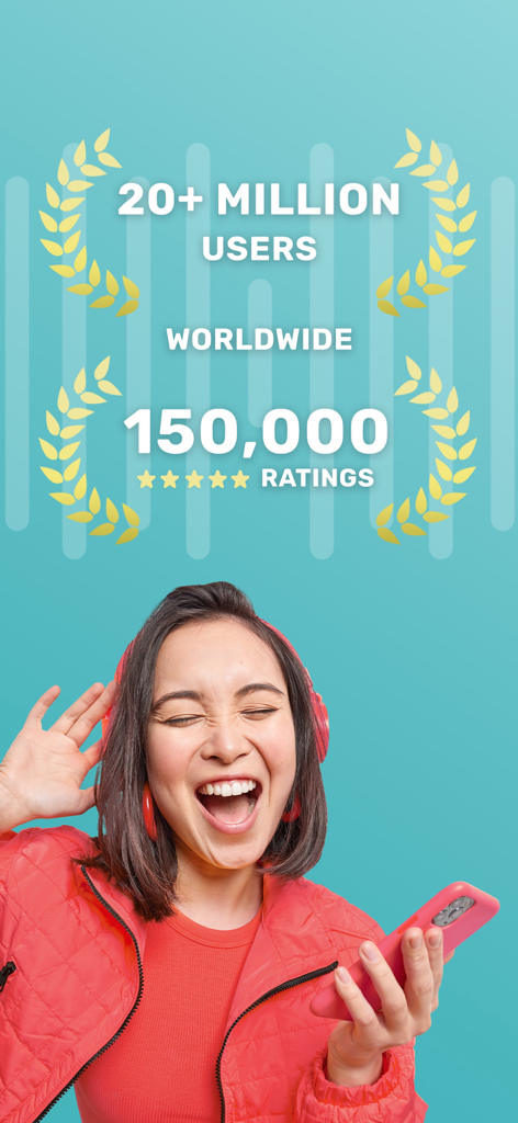 헤드폰을 쓰고 2,000만 명의 사용자와 150,000개의 평가가 표시된 Tuunes 앱 화면의 폰을 들고 있는 행복한 젊은 여성.