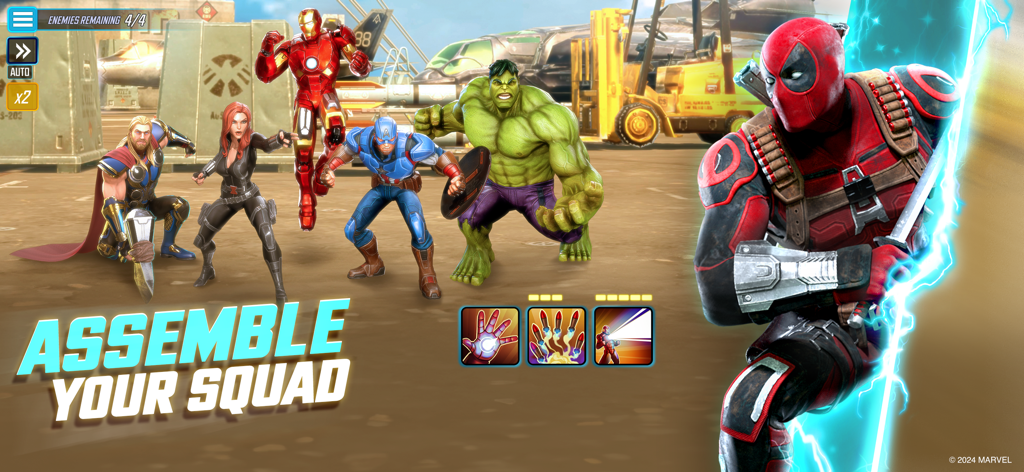 MARVEL Strike Force: Squad RPG - 스쿼드를 구성하세요'라는 텍스트와 함께 스쿼드 전투 장면 속 마블 히어로 토르, 블랙 위도우, 아이언맨, 캡틴 아메리카, 헐크, 데드풀