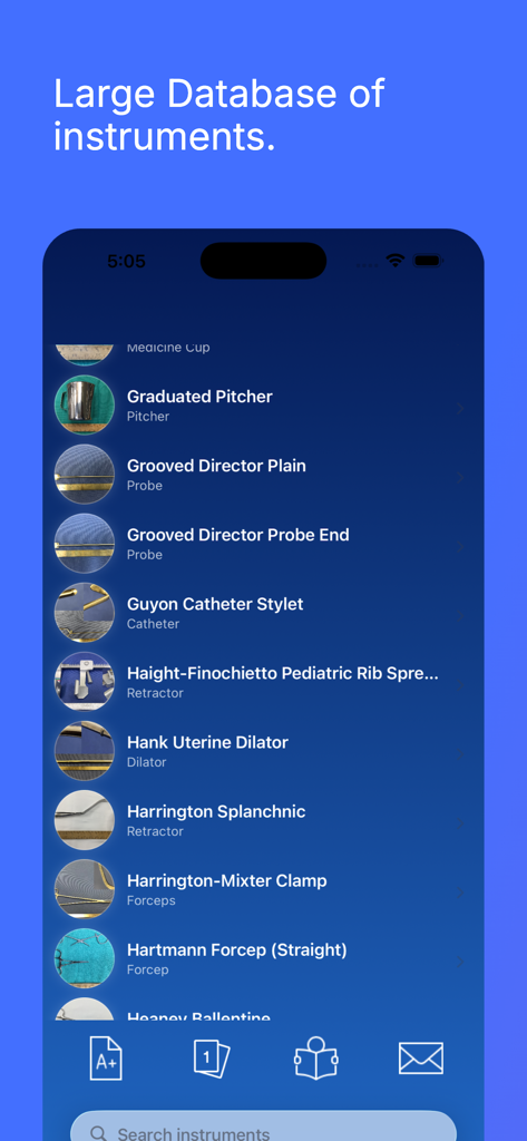 Surgical Instrumentation - Screenshot of the Surgical Instrumentation app displaying a list of medical tools with photos and category names