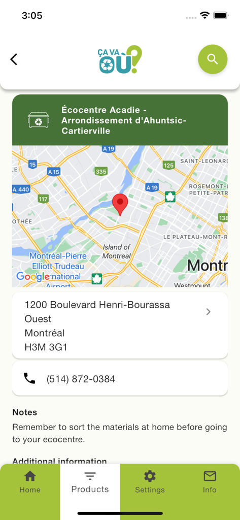 Ça va où? - Mapa que muestra la ubicación y los datos de contacto del Ecocentre Acadie en Montreal dentro de la aplicación