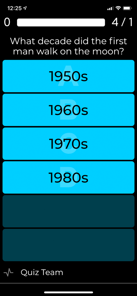 Pantalla de la aplicación móvil SpeedQuizzing que muestra una pregunta de trivia con opciones de respuesta múltiple