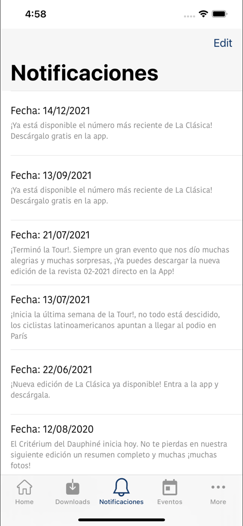 Revista la clásica - A list of notifications in the Revista la Clasica app showing cycling news and new magazine issue alerts