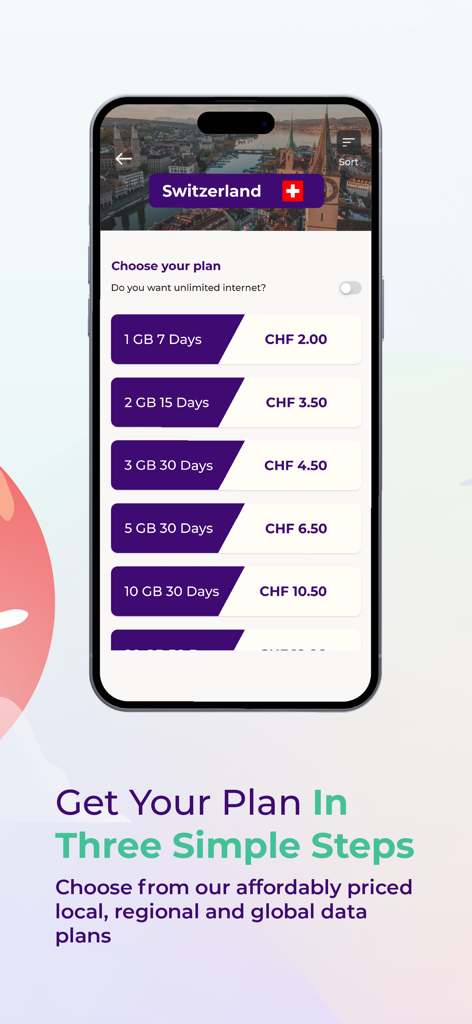 ZIM@SBB: eSIM Data Plans - ZIM SBB app interface displaying a variety of affordable eSIM data plans for Switzerland