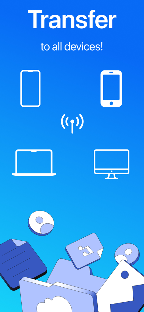 Air File Share & Drop - Graphic showing the Air File Share app transferring files wirelessly between smartphones, laptops, and desktop computers.