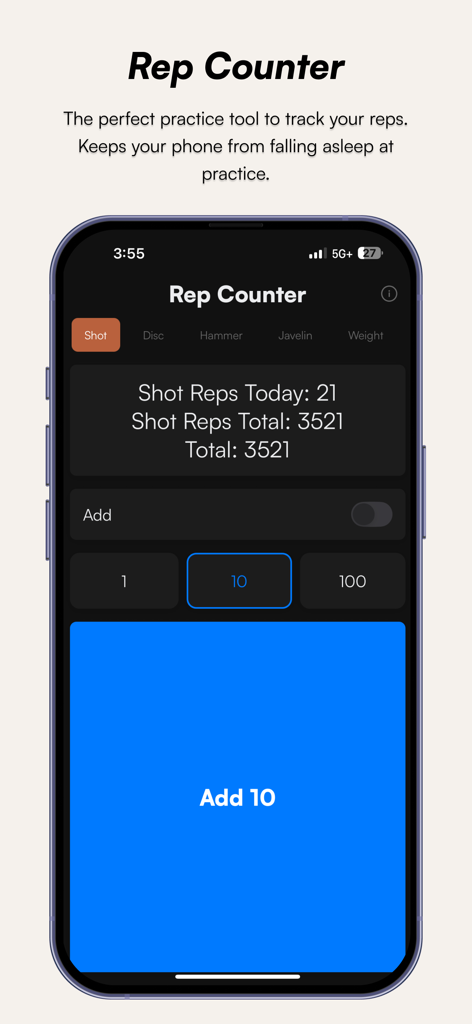 Throws Club - Throws Club app rep counter interface showing shot put daily and total rep tracking