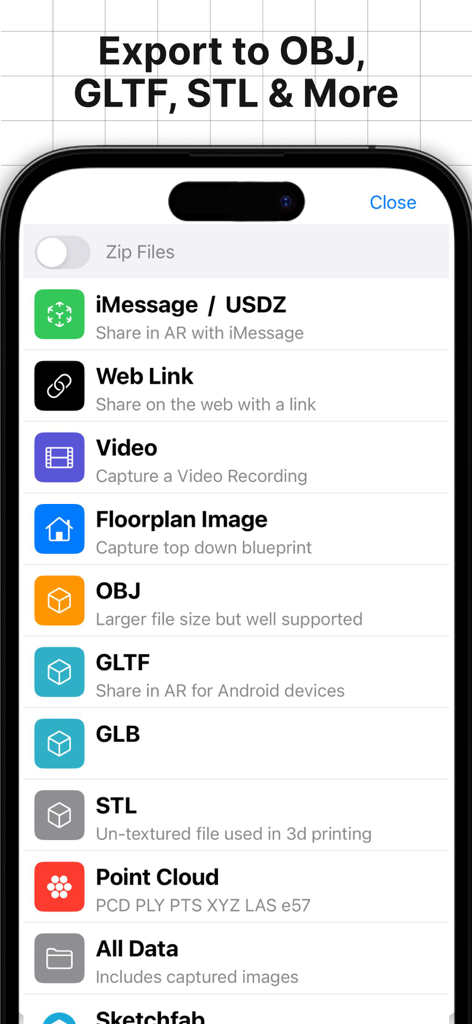 Menu showing various 3D export formats like OBJ GLTF and STL