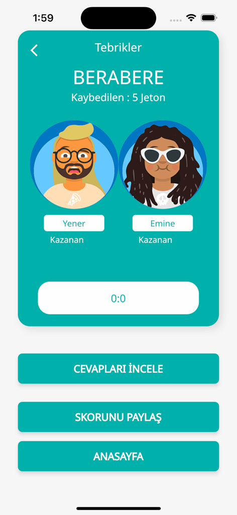 Quizilla - Quizilla mobile app screen showing a tie result in a 1v1 trivia match between two players