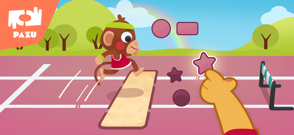 Pazu Mini - Games for Toddlers - A monkey character jumping on a track while a hand matches a star shape to its silhouette in an educational toddler game