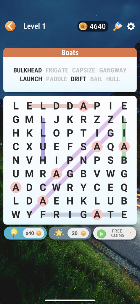 Word Search - Find Hidden Word - Un nivel de puzle de sopa de letras en la categoría Barcos con palabras resaltadas en una cuadrícula de letras.